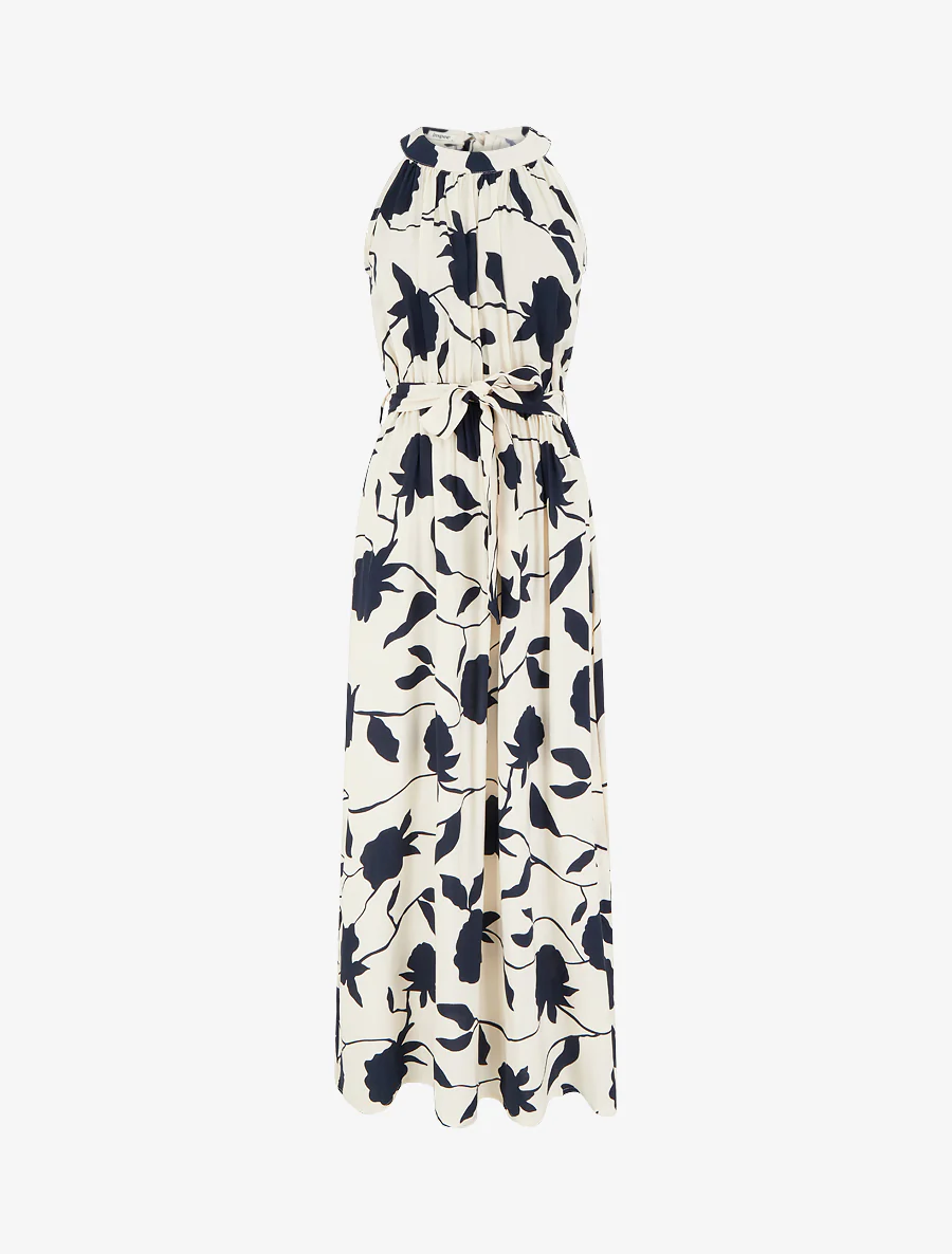 Lange jurk met bloemenprint en elastiek - Marine