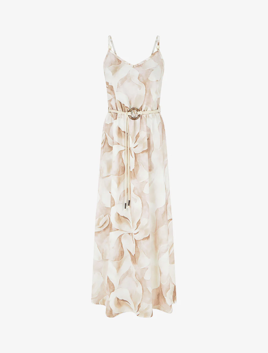 Lange jurk met bloemenprint en elastische taille - Beige
