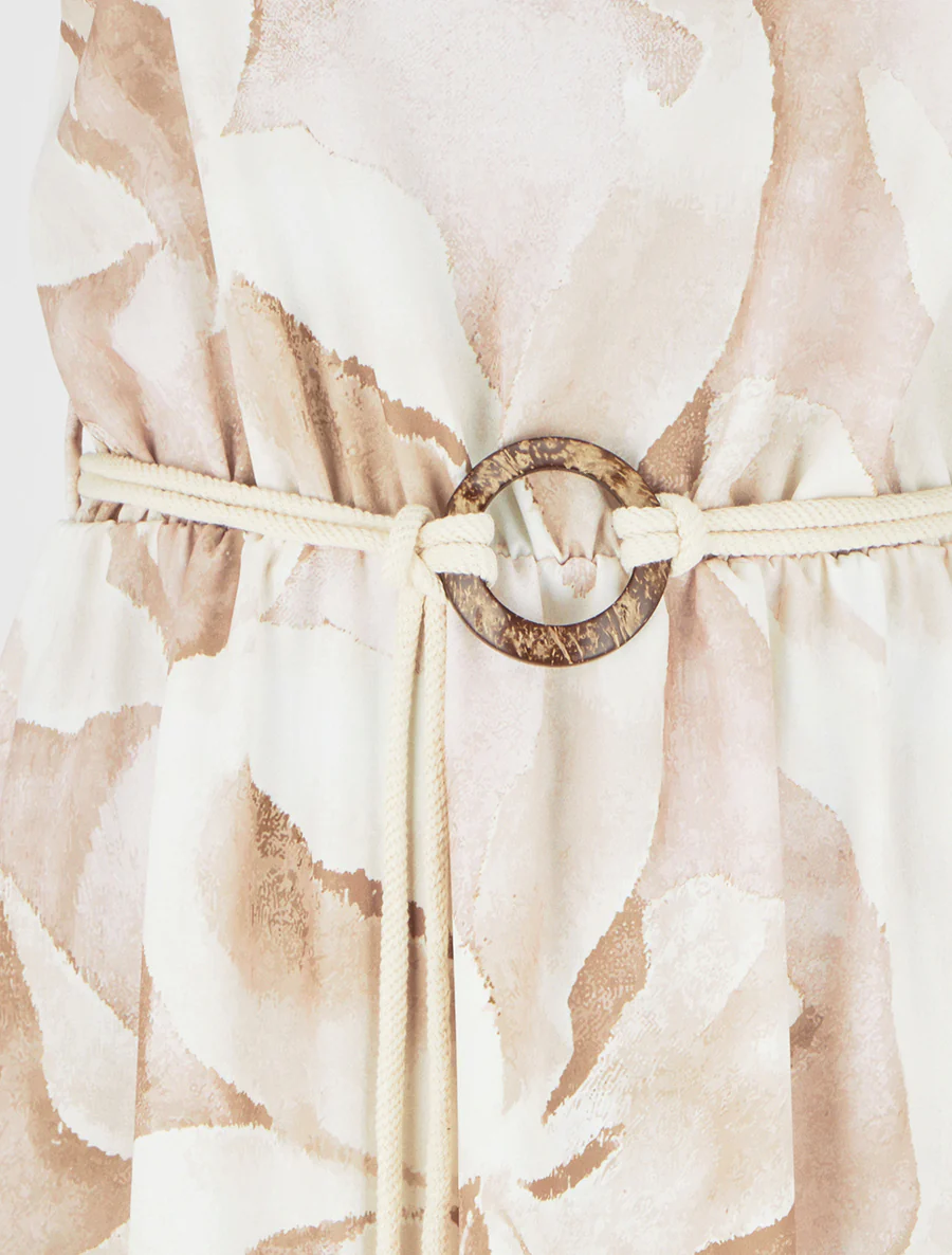 Lange jurk met bloemenprint en elastische taille - Beige - Image 3