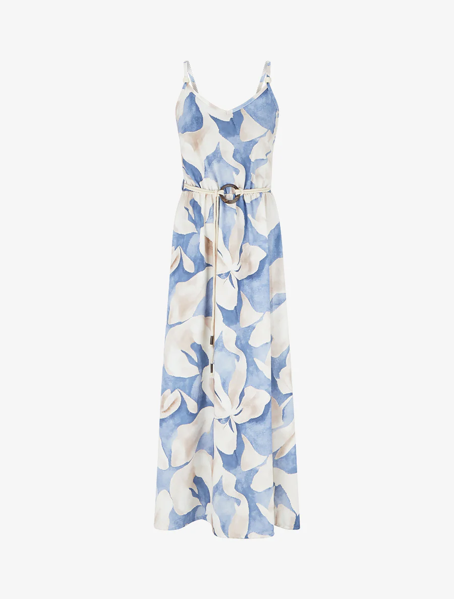 Lange jurk met bloemenprint en elastische taille - Blauw