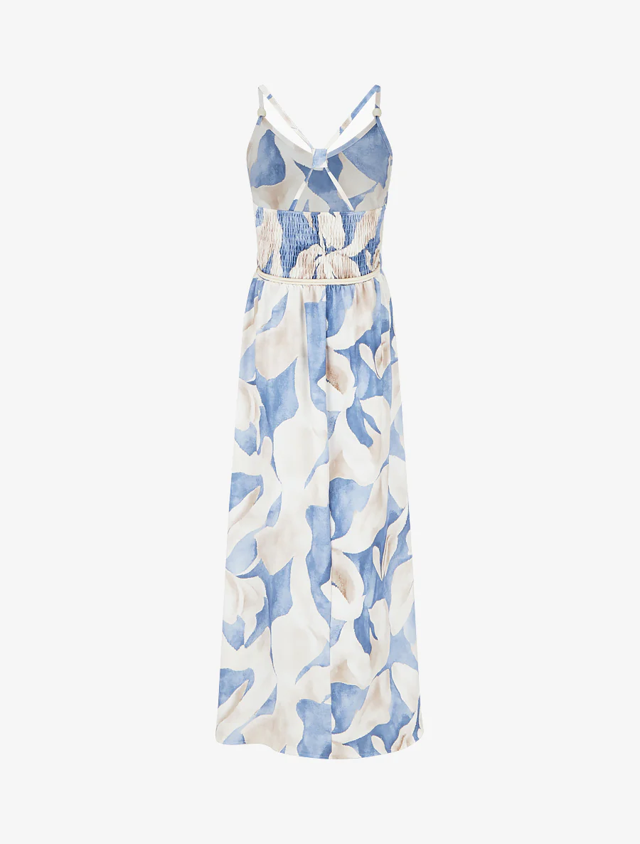 Lange jurk met bloemenprint en elastische taille - Blauw - Image 2