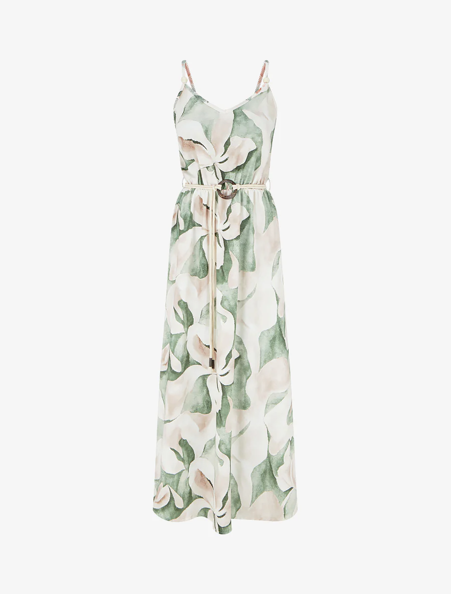 Lange jurk met bloemenprint en elastische taille - Groen