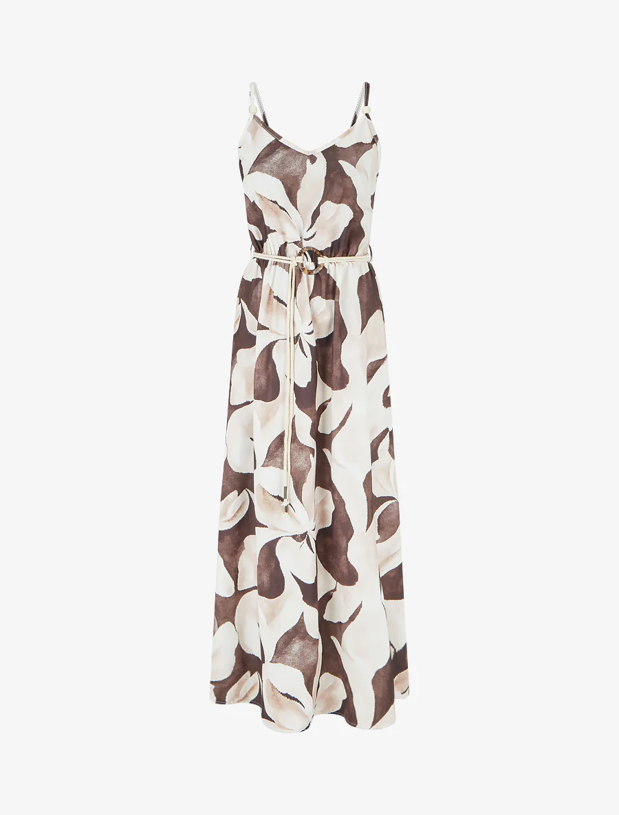 Lange jurk met bloemenprint en elastische taille - Bruin