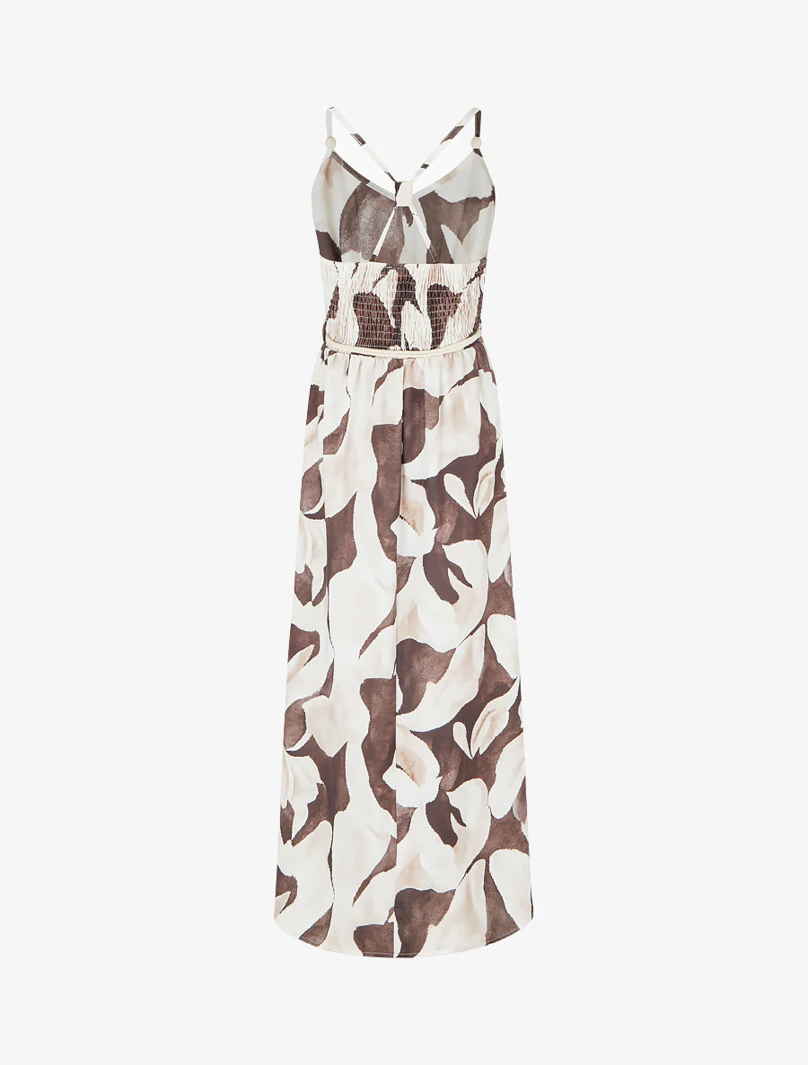 Lange jurk met bloemenprint en elastische taille - Bruin - Image 2