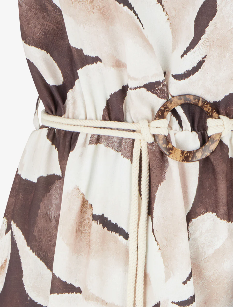 Lange jurk met bloemenprint en elastische taille - Bruin - Image 3