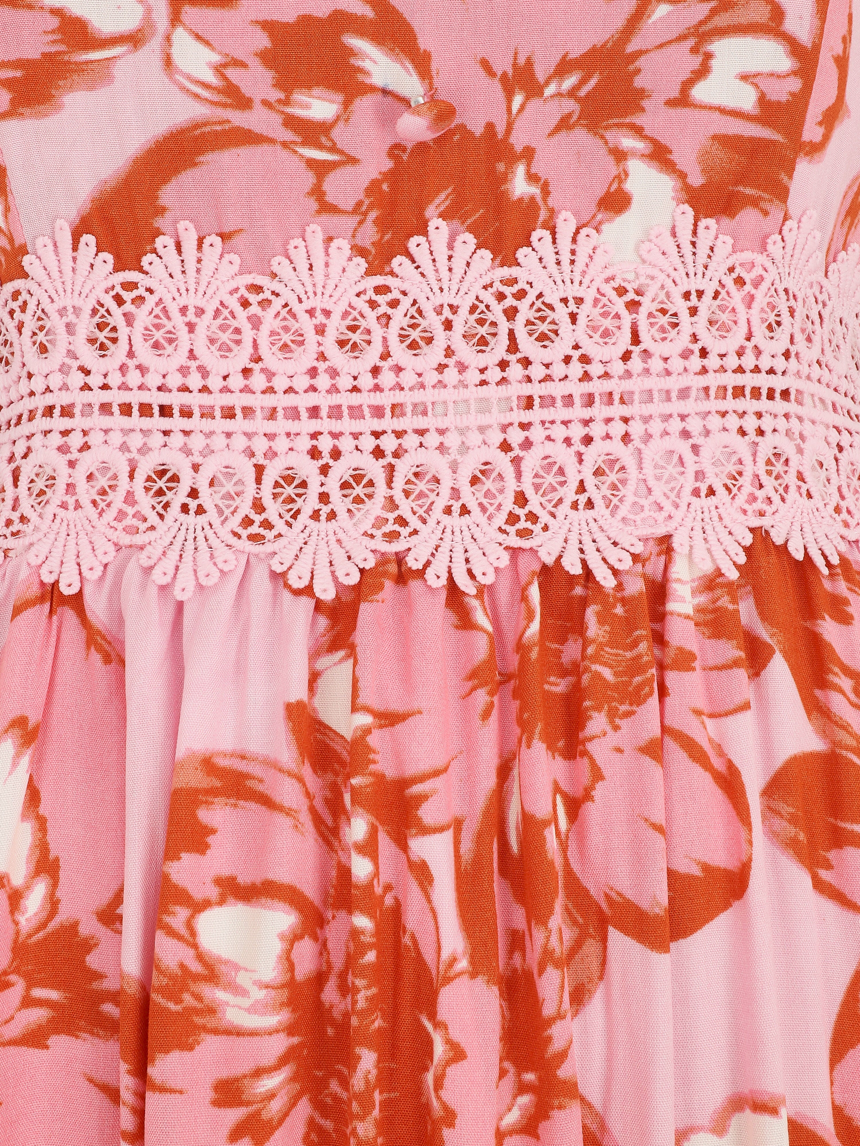 Lange jurk met bloemenprint en kant - rood - Image 3