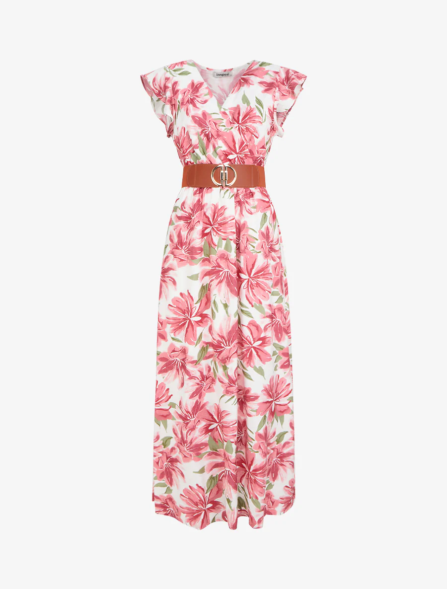 Lange jurk met bloemenprint en korte mouwen - Roos