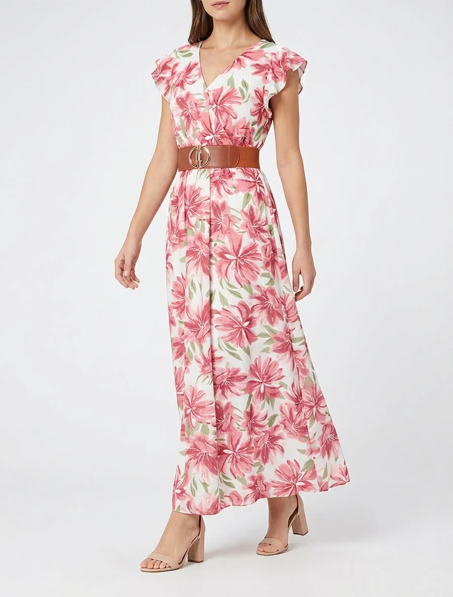 Lange jurk met bloemenprint en korte mouwen - Roos - Image 4