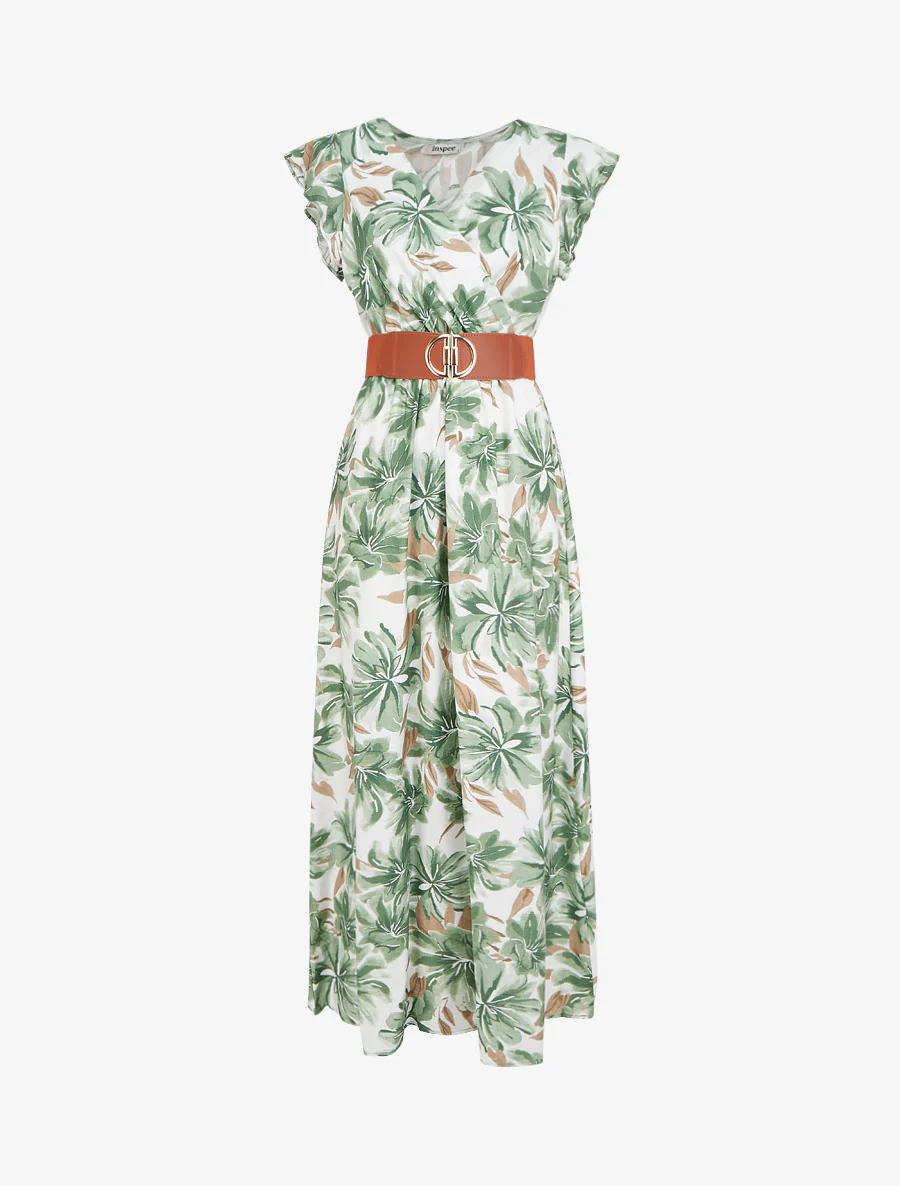Lange jurk met bloemenprint en korte mouwen - Groen