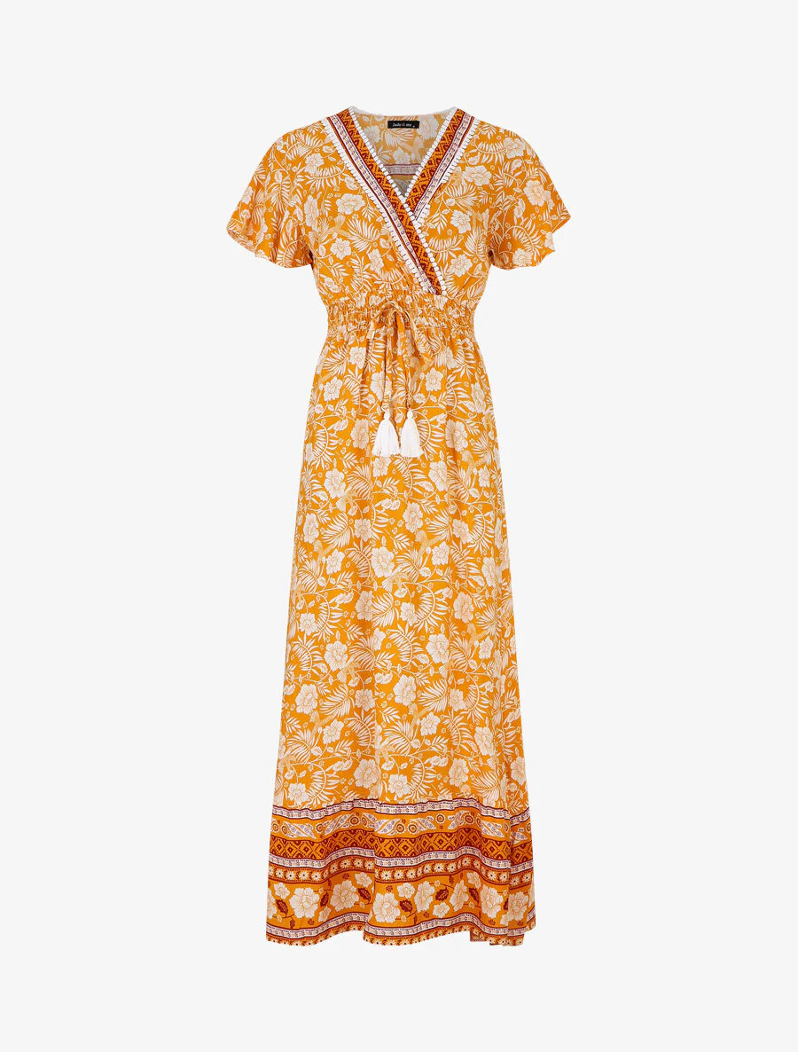 Lange jurk met bloemenprint en mouwen met ruches - oranje