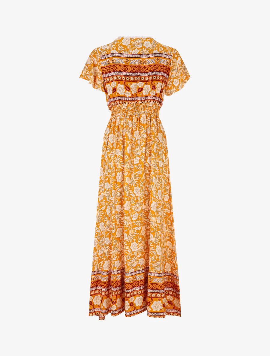 Lange jurk met bloemenprint en mouwen met ruches - oranje - Image 2
