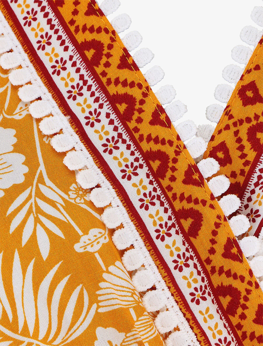 Lange jurk met bloemenprint en mouwen met ruches - oranje - Image 3