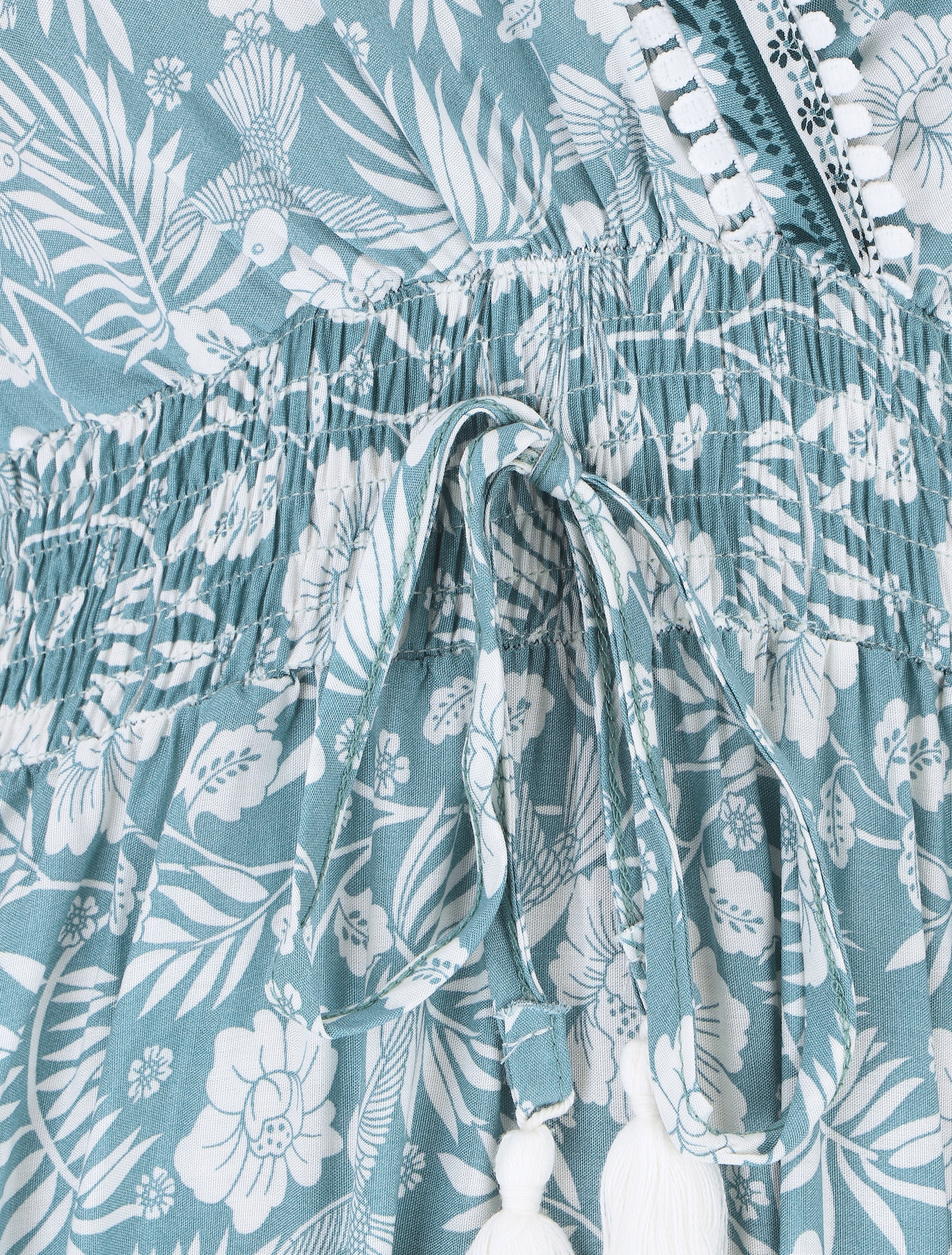Lange jurk met bloemenprint en mouwen met ruches - watergroen - Image 3