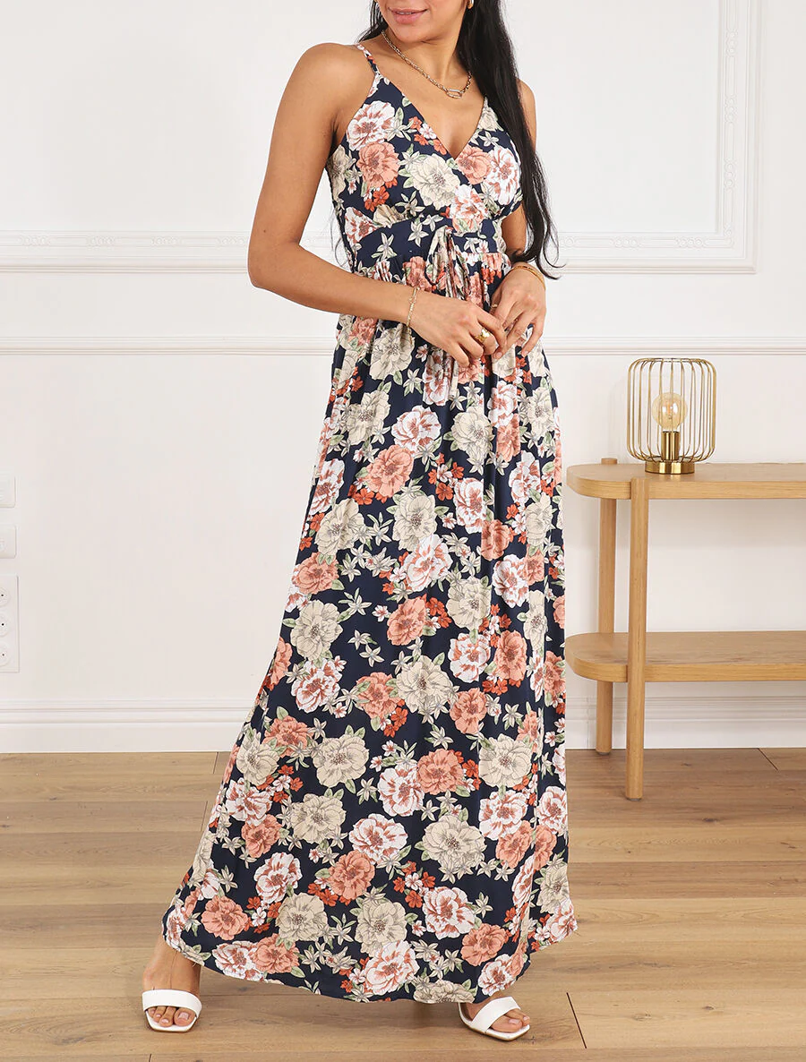 Lange jurk met bloemenprint - Marineblauw - Image 4