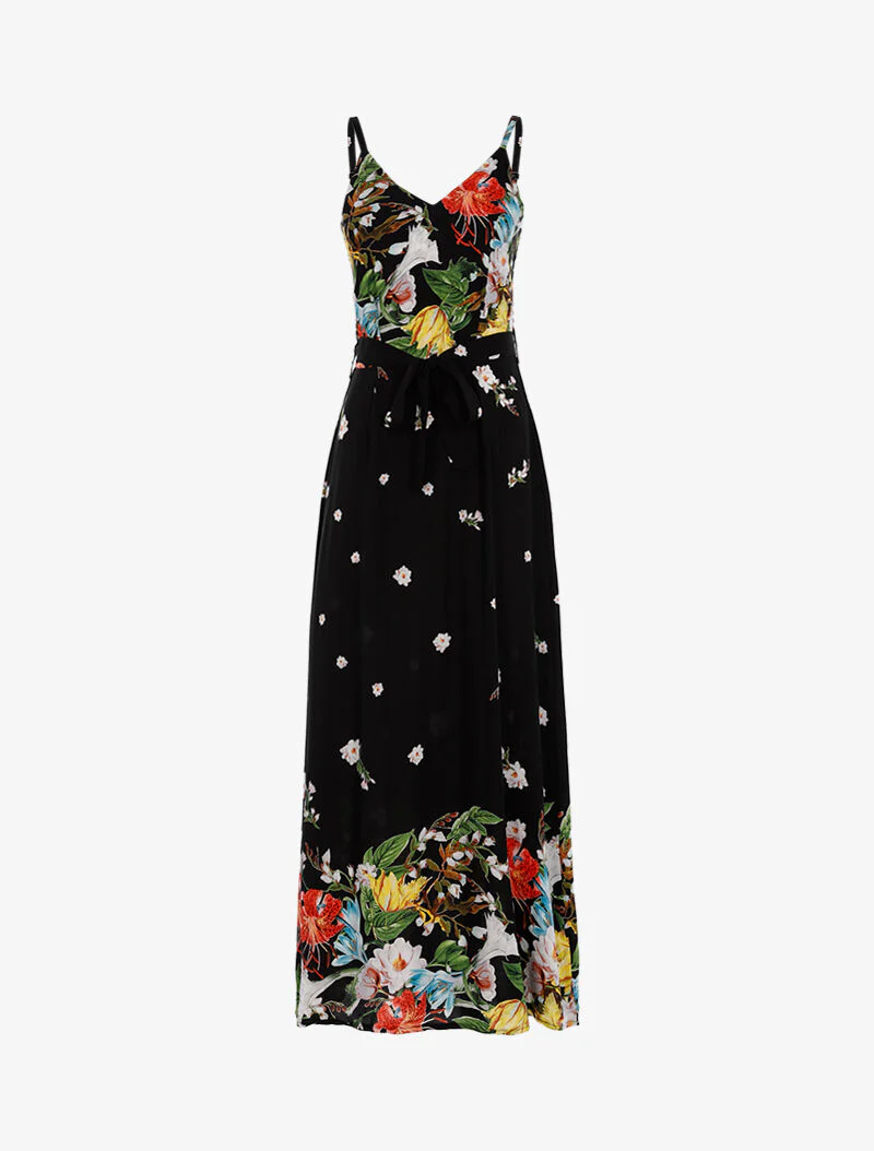 Lange jurk met bloemenprint - zwart