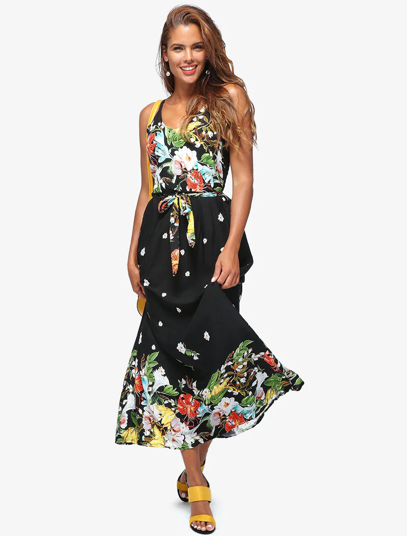 Lange jurk met bloemenprint - zwart - Image 3