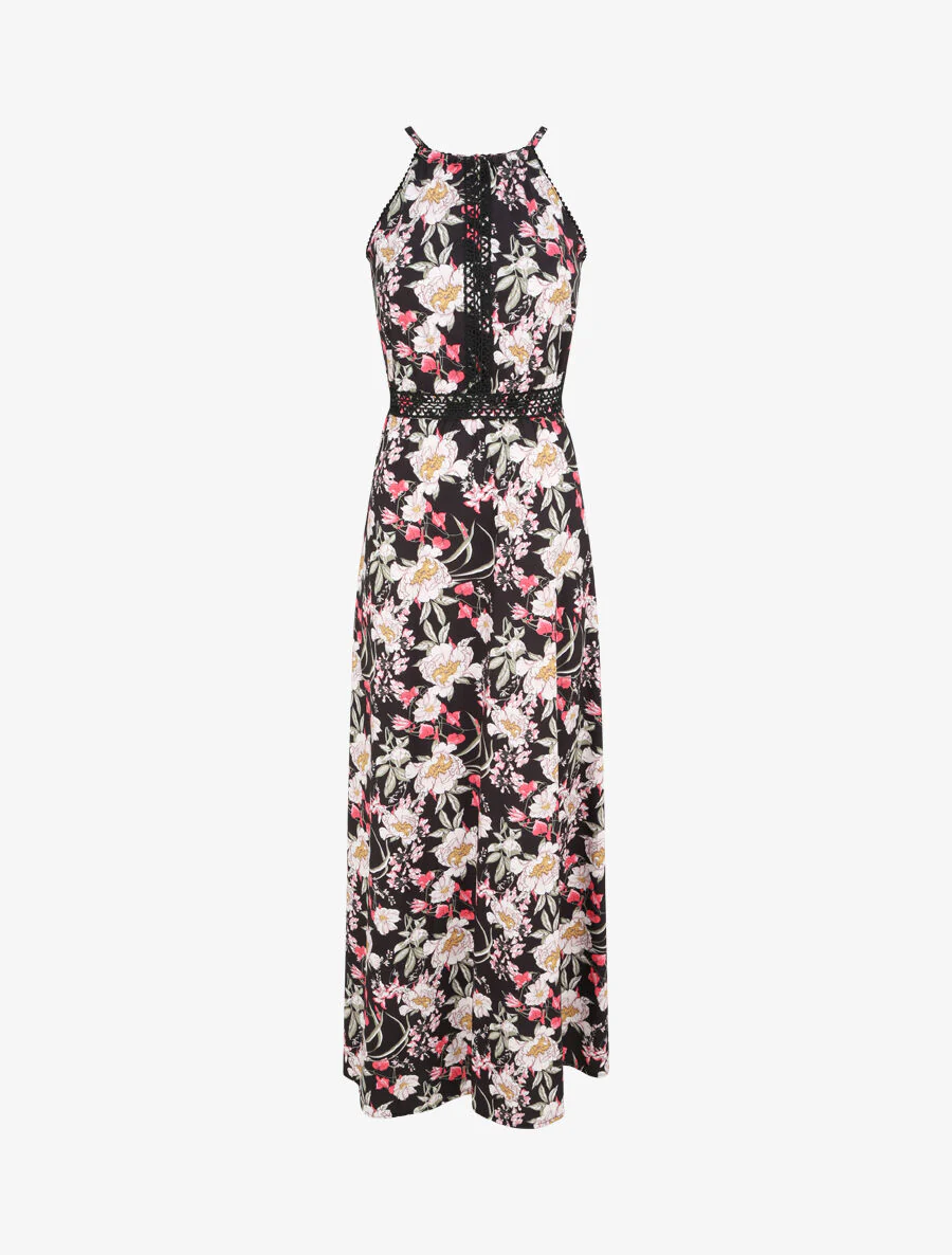 Lange jurk met bloemenprint - Zwart