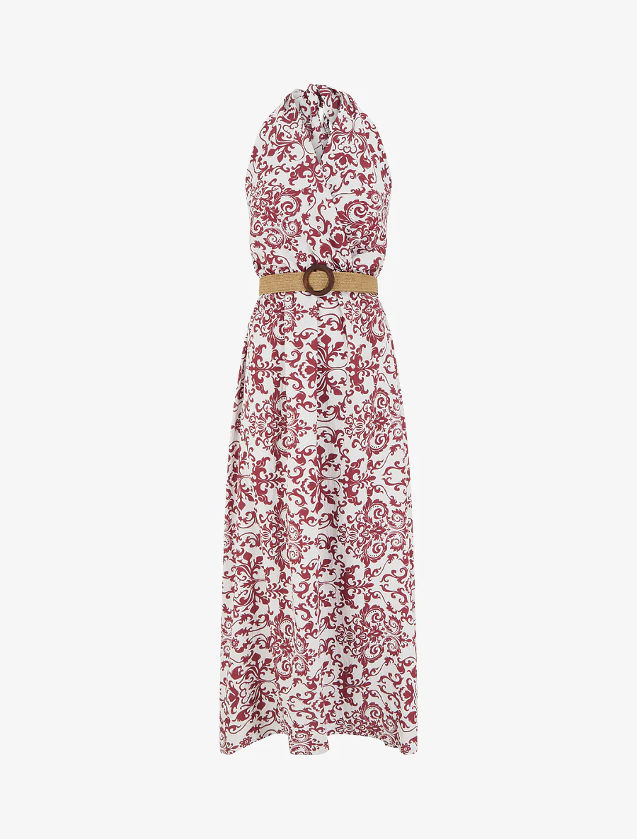 Lange jurk met blote rug en arabesk print - Bordeaux