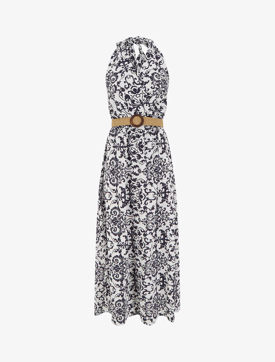 Lange jurk met blote rug en arabesk print - Marine