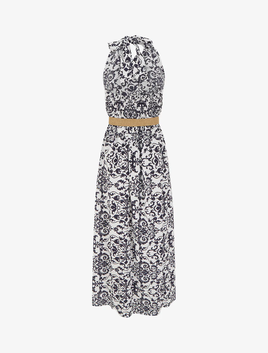 Lange jurk met blote rug en arabesk print - Marine - Image 2