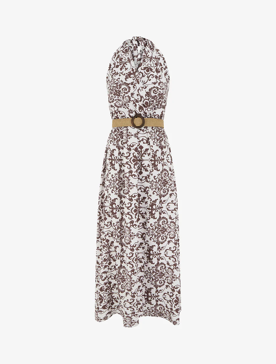 Lange jurk met blote rug en arabesk print - Bruin