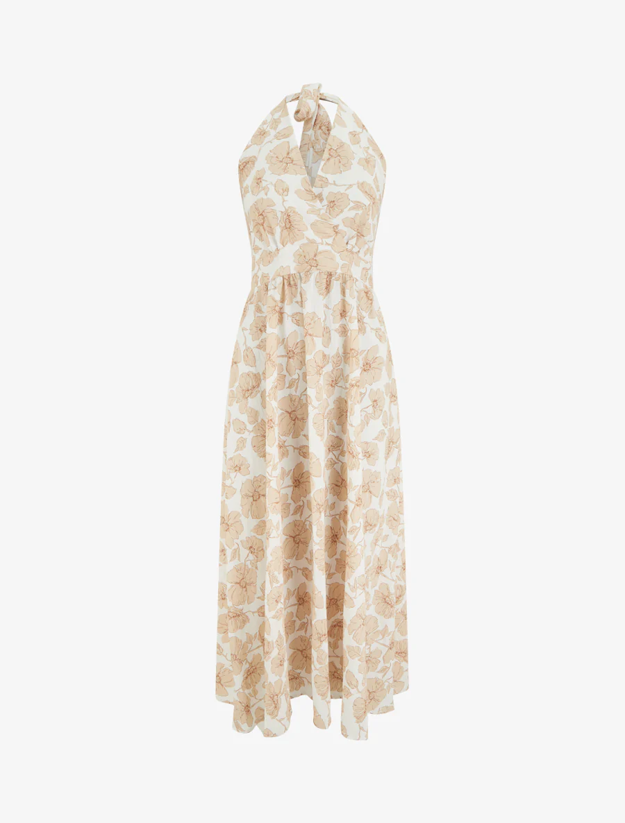 Lange jurk met blote rug en bloemenprint - Beige