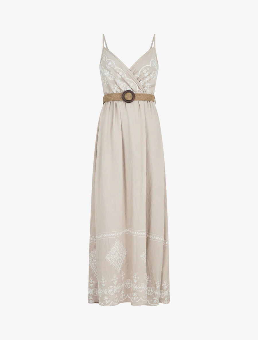 Lange jurk met dunne bandjes en borduursel - beige