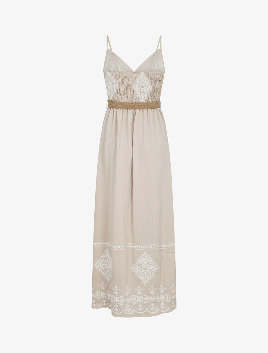 Lange jurk met dunne bandjes en borduursel - beige - Image 2
