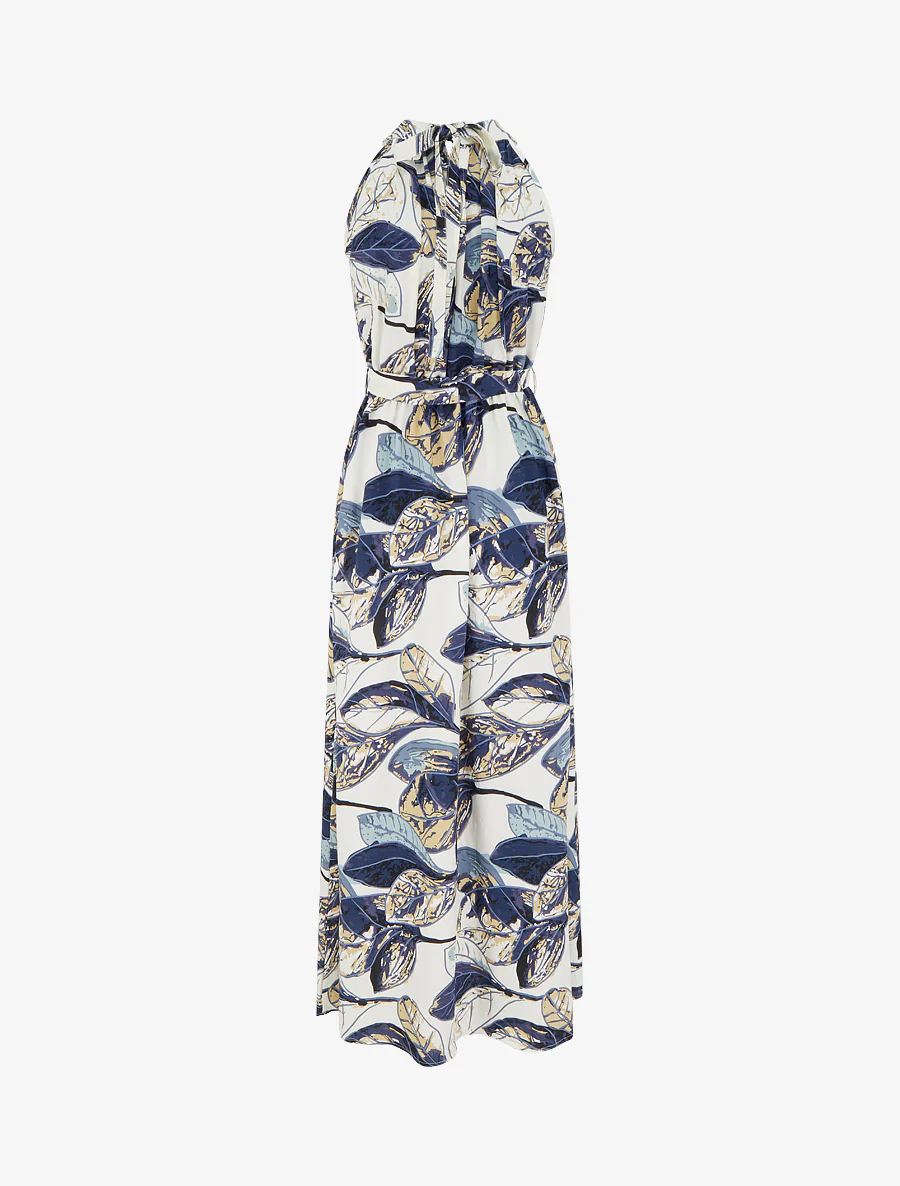 Lange jurk met elastiek en bladerprint - Marine - Image 2