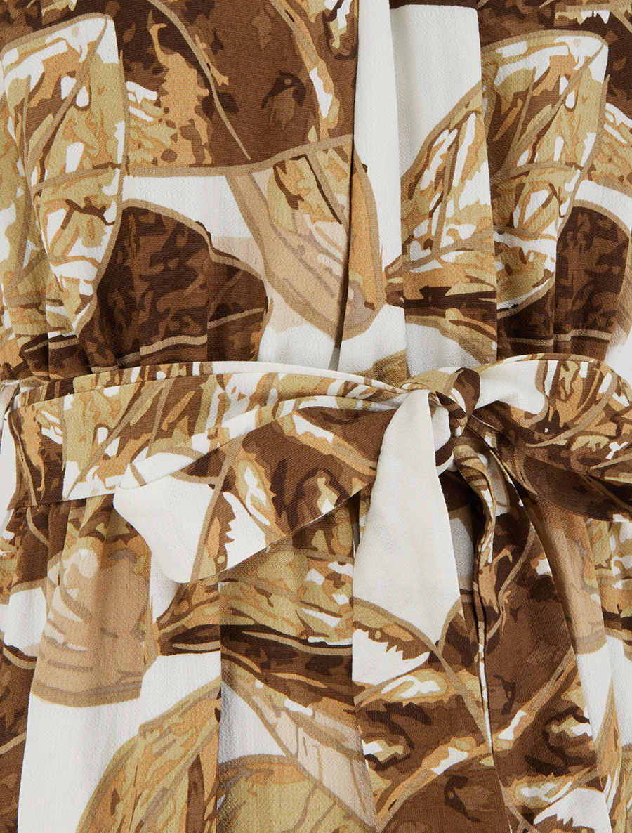 Lange jurk met elastiek en bladerprint - Bruin - Image 3