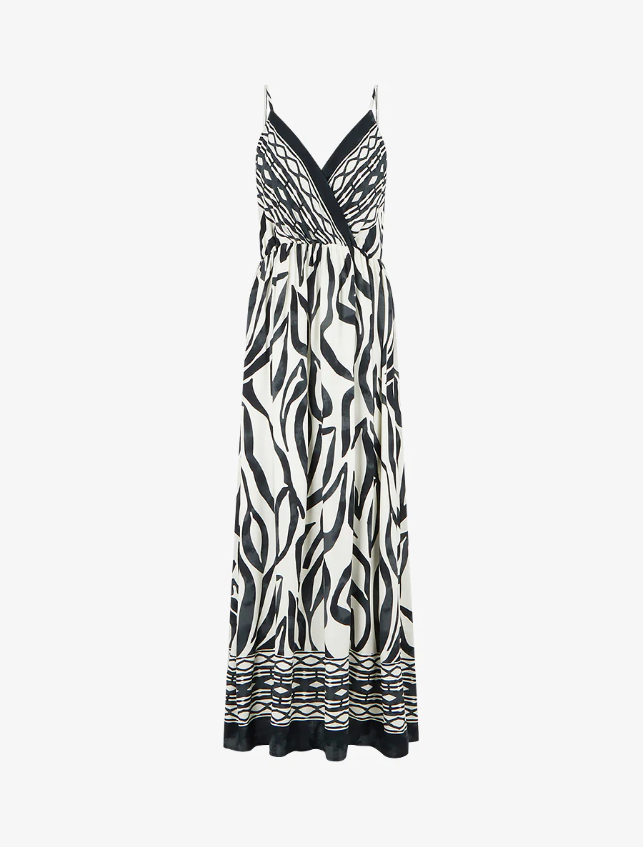 Lange jurk met elastiek en fantasieprint. - Zwart