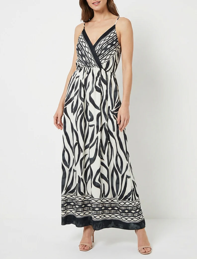 Lange jurk met elastiek en fantasieprint. - Zwart - Image 4