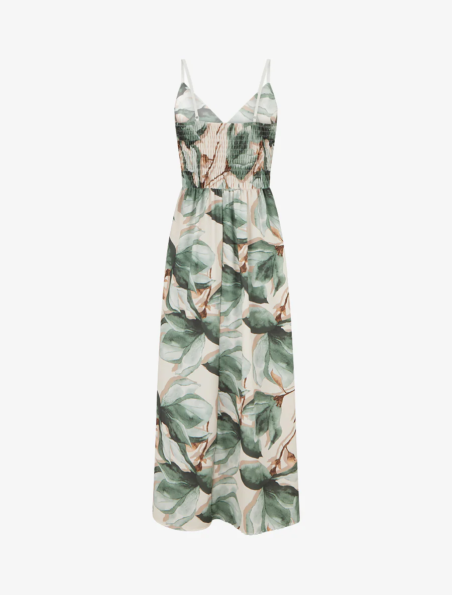 Lange jurk met elastische achterkant en bloemenprint - Kaki - Image 2