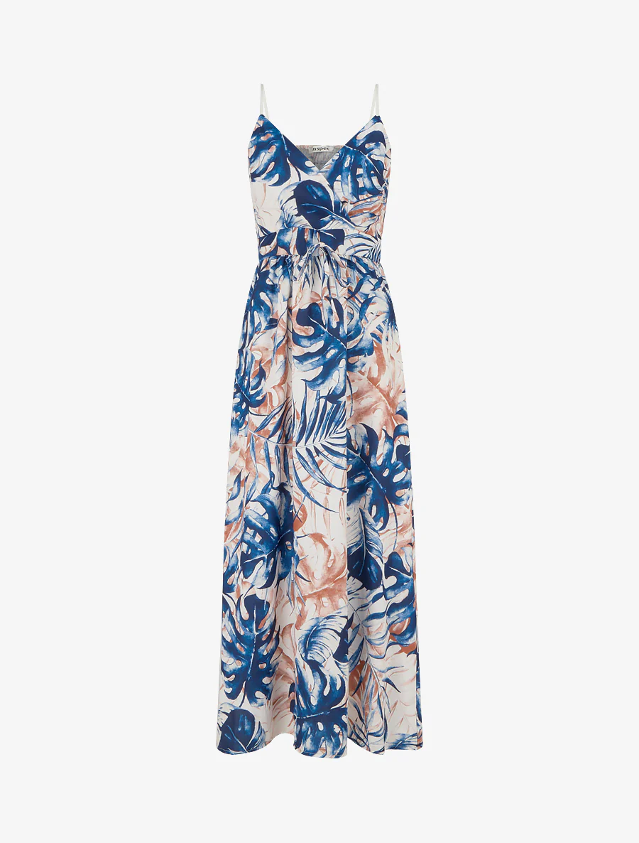 Lange jurk met elastische rug en bladdruk. - Marine