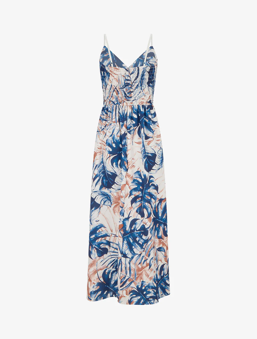 Lange jurk met elastische rug en bladdruk. - Marine - Image 2