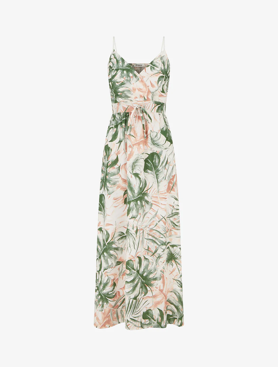Lange jurk met elastische rug en bladdruk. - Kaki