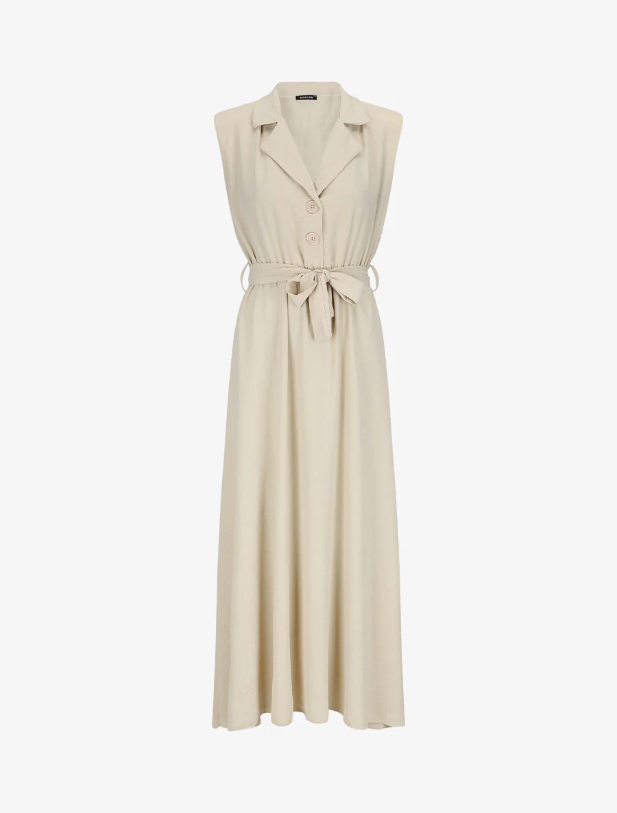 Lange jurk met schoudervullingen linnen effect - Beige