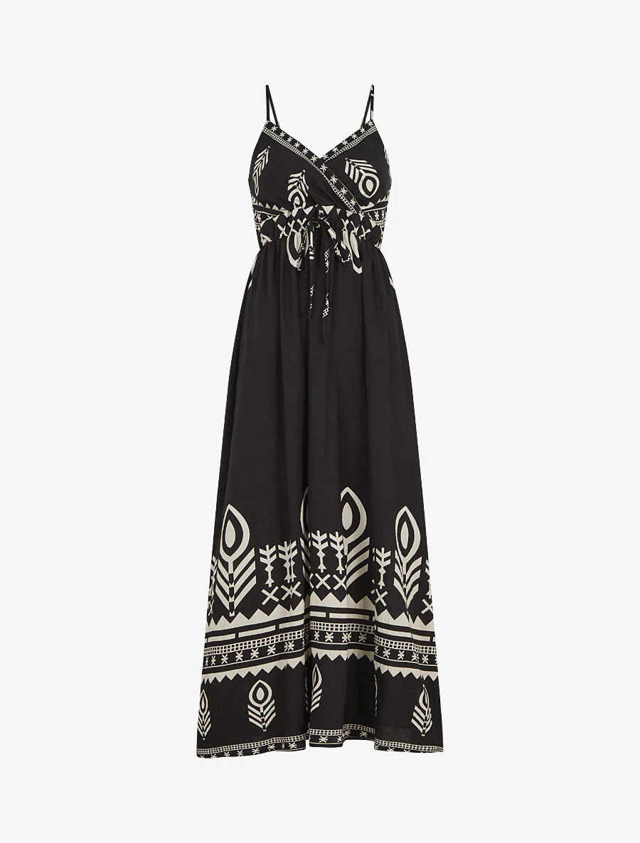 Lange jurk met etnische print en dunne bandjes - Zwart