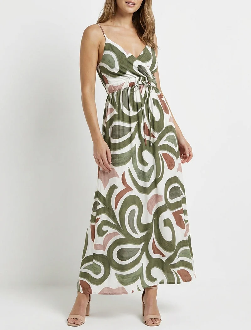 Lange jurk met fantasieprint - Kaki - Image 4