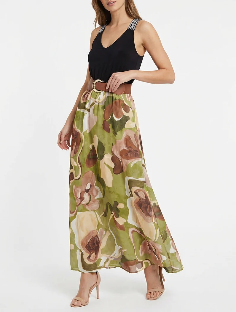 Lange jurk met fantasieprint - Olijfgroen - Image 4