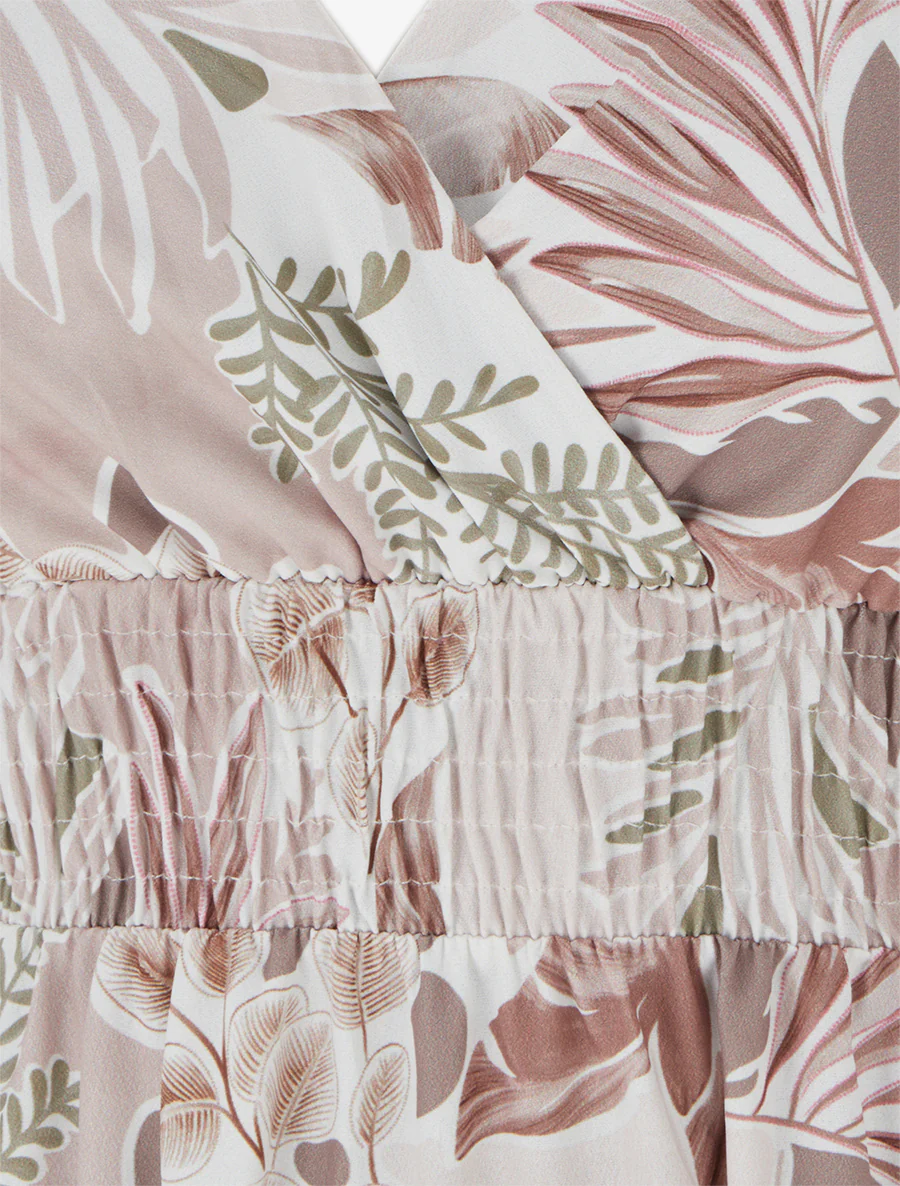 Lange jurk met fijne bandjes en bladprint - Beige - Image 3