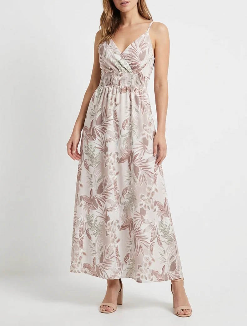 Lange jurk met fijne bandjes en bladprint - Beige - Image 4