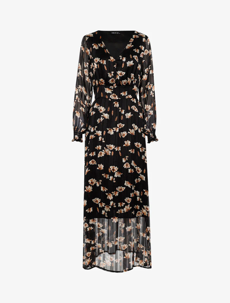 Lange jurk met getailleerde taille met witte bloemenprint - zwart - Image 2