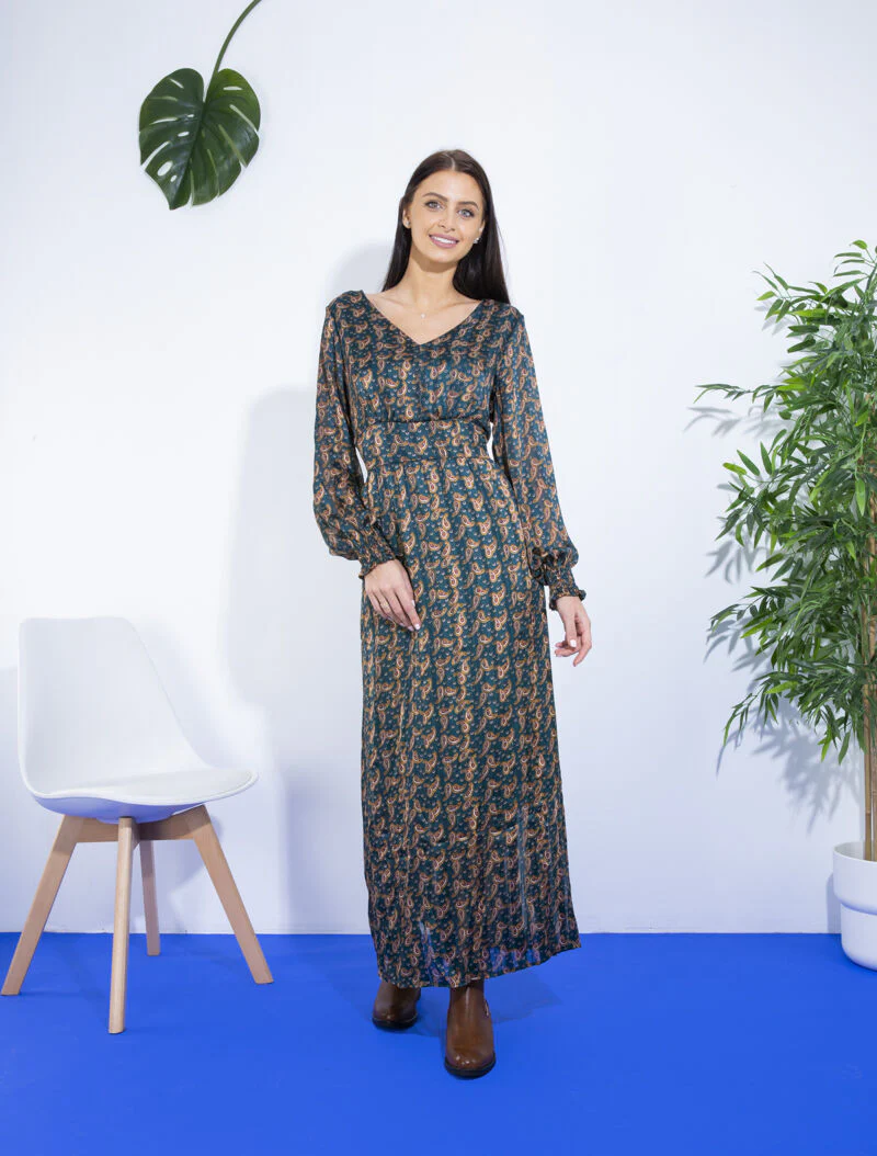 Lange jurk met getailleerde pasvorm en paisleyprint - groen