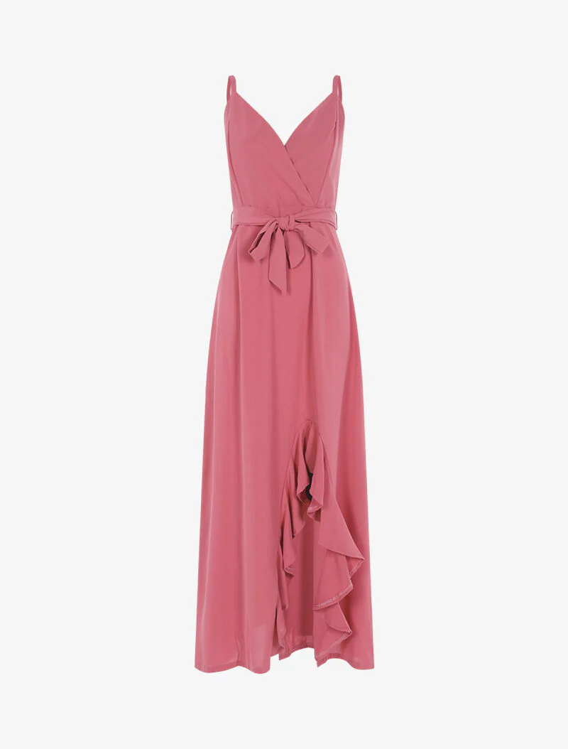 Lange jurk met ruches en split - roze