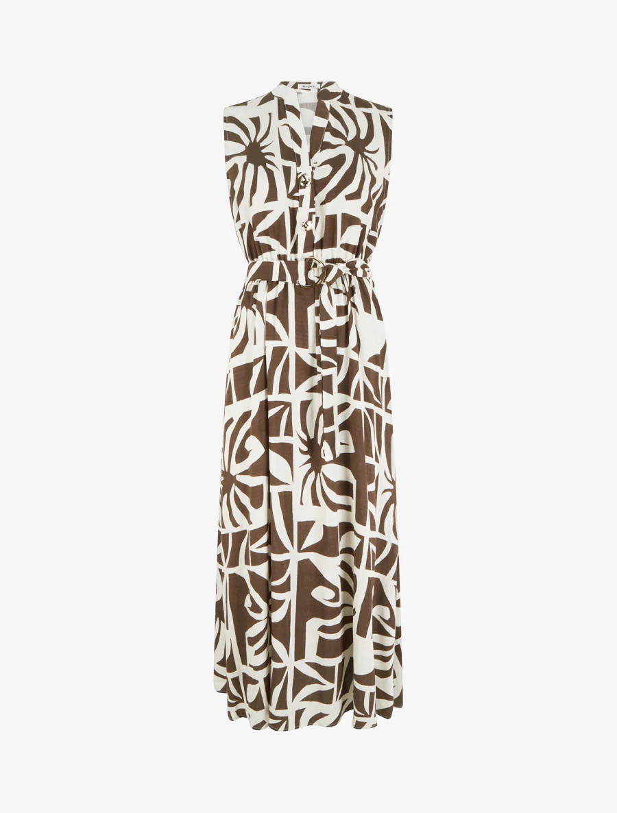 Lange jurk met gestileerde print en decoratieve knopen - Bruin