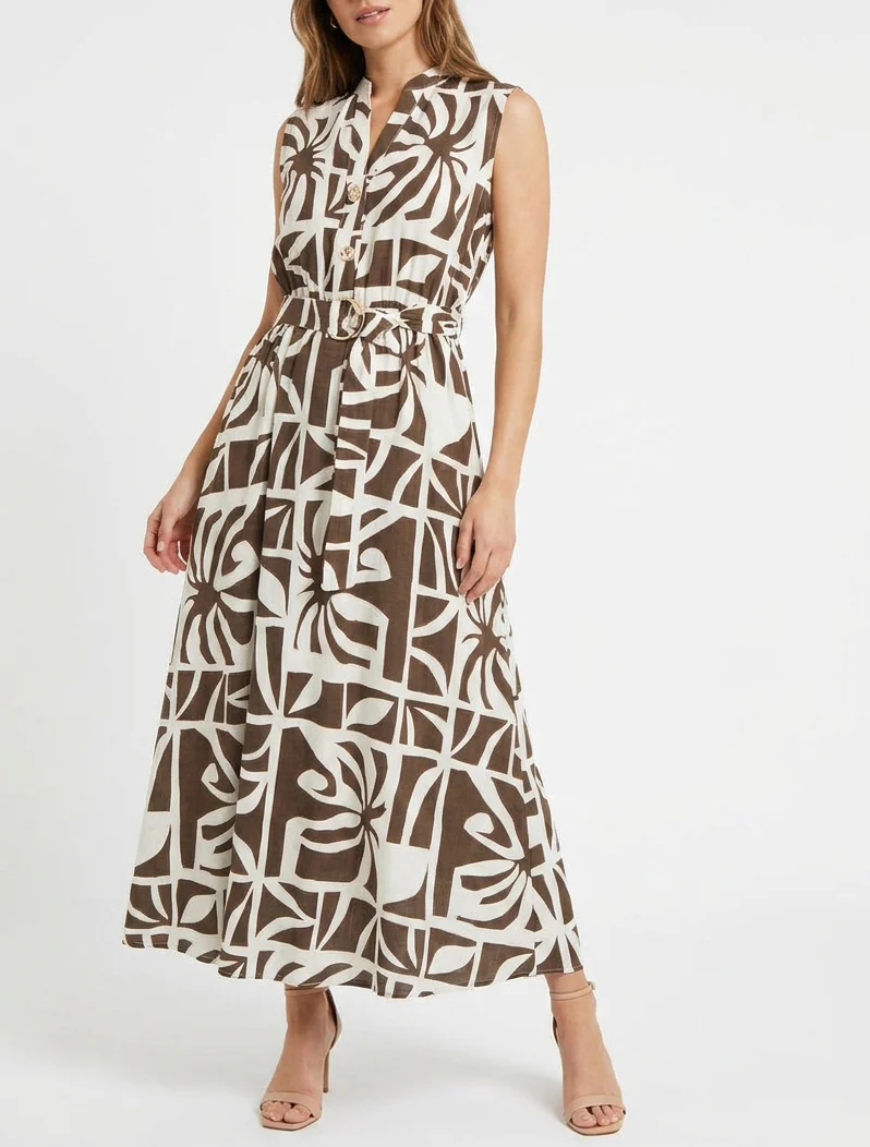 Lange jurk met gestileerde print en decoratieve knopen - Bruin - Image 4