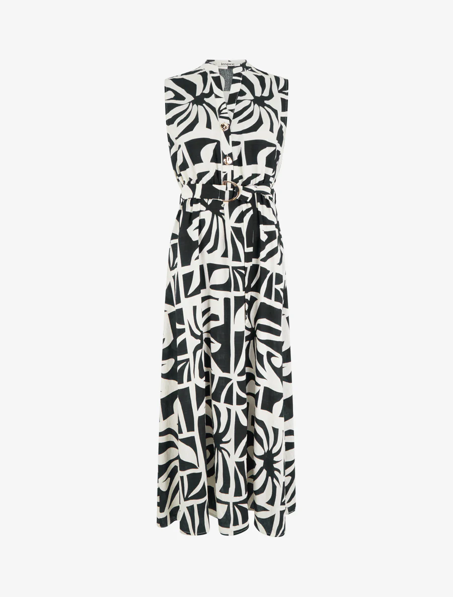 Lange jurk met gestileerde print en decoratieve knopen - Zwart