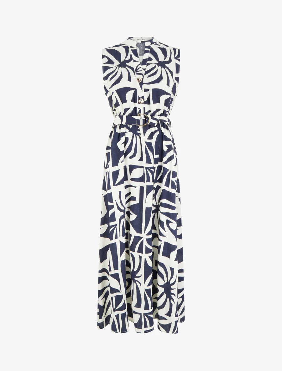 Lange jurk met gestileerde print en decoratieve knopen - Marine