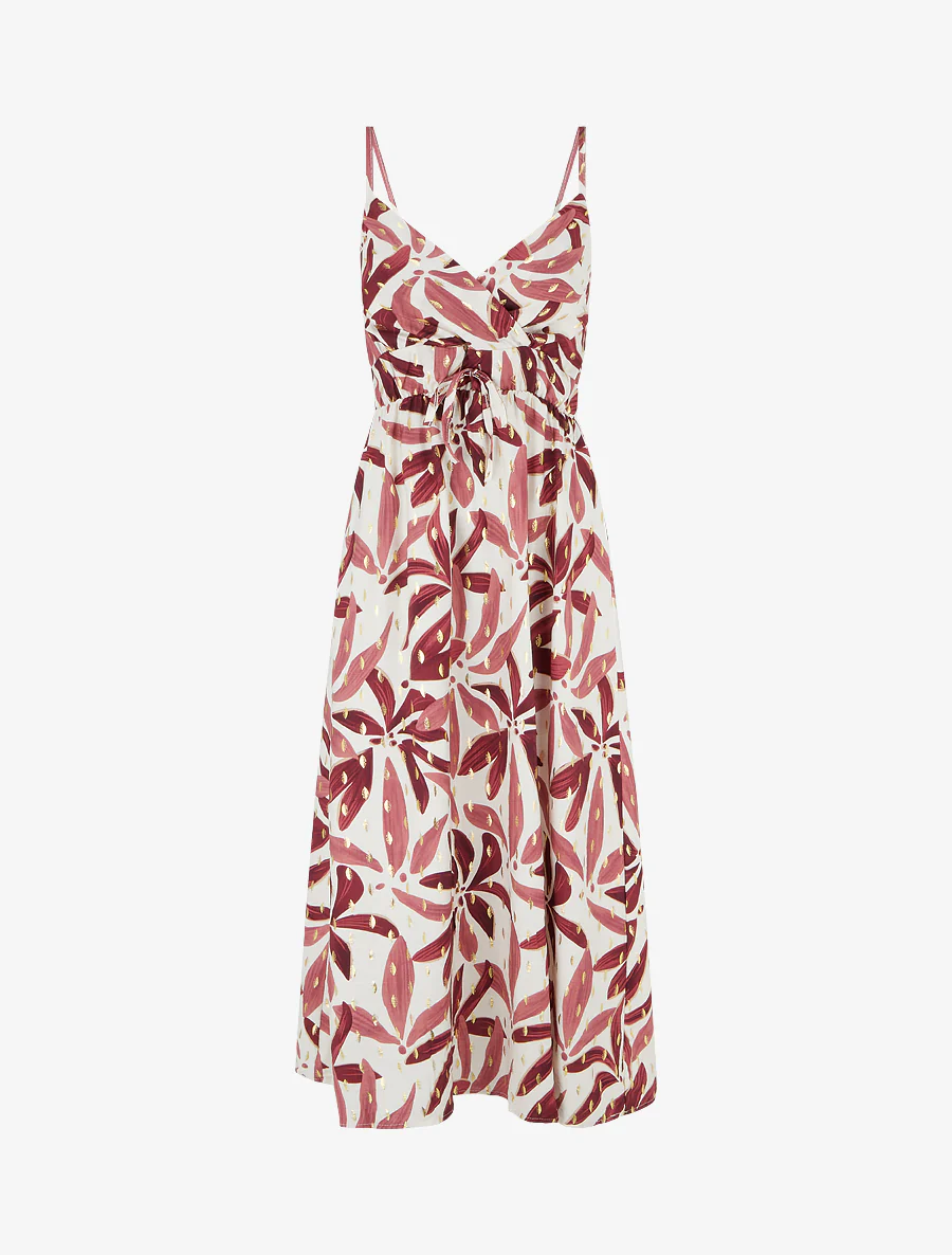 Lange jurk met gestileerde print en iriserend detail. - Bordeaux